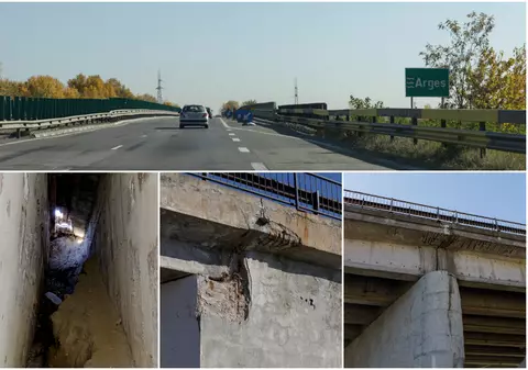 Podul de pe autostrada A1 peste care trec zilnic 40.000 de mașini arată rău: pământ surpat, structură metalică ruginită. „Necesită reabilitare, înlocuirea unor elemente”
