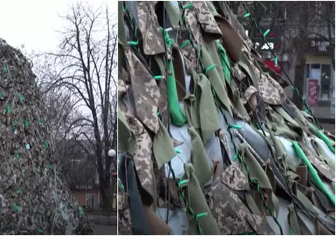 „Bradul invincibilității”. Ucrainenii din Nikolaiev au făcut un pom de Crăciun din plase de camuflaj