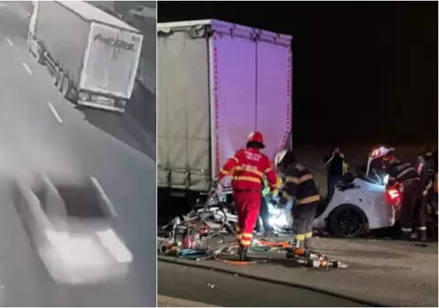 Imagini cu accidentul mortal din Sibiu, unde doi tineri și-au pierdut viața după ce mașina în care se aflau a intrat sub un TIR