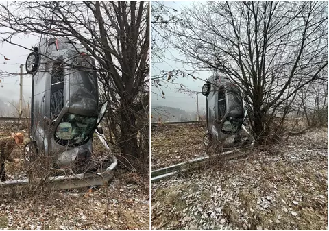 Nissan înfipt în șanț, după ce a ieșit de pe șosea, în Suceava. Șoferul s-a dat singur jos de la volan și a sunat la 112
