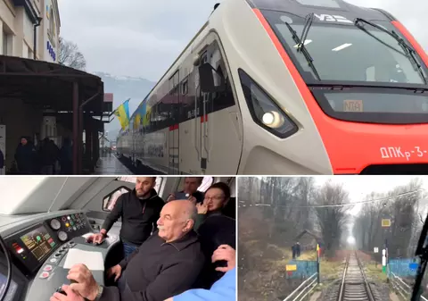 VIDEO. Linia de tren Ucraina-România din nordul Maramureșului, redeschisă cu un tren condus de primul ministru al transporturilor din țara vecină, ajuns la 81 de ani