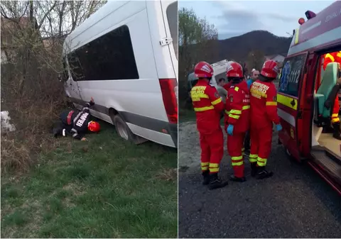Microbuz cu 23 de pasageri la bord, răsturnat în stațiunea Călimănești, județul Vâlcea