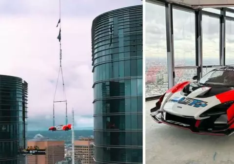 Bolid de 3 milioane de dolari, ridicat cu macaraua la etajul 57, într-un penthouse de 39 de milioane de dolari din Melbourne: „Piesa centrală a apartamentului”