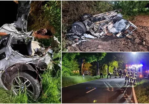 BMW X3 imposibil de recunoscut după ce s-a rupt în două și a luat foc. Un tată și fiul lui de 12 ani au murit în accidentul din Germania