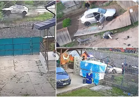 Mașină filmată când decolează de pe un pod, în Bacău, și aterizează în curtea unei case