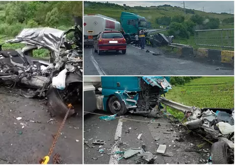 Un morman de fiare a rămas din mașina în care au murit doi tineri, după ce șoferul a intrat pe contrasens într-o cisternă, pe DN1, în Cluj