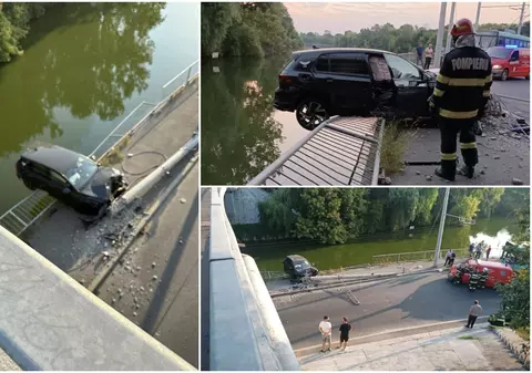 Accident în București, produs de un copil de 13 ani. A furat o mașină, a lovit un stâlp și a rămas suspendat deasupra lacului Străulești