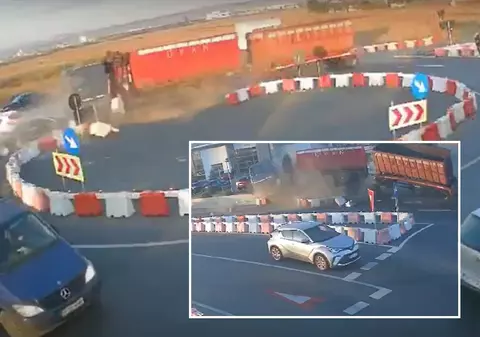 Video cu momentul în care un camionagiu intră cu viteză nebună în sensul giratoriu de la Lețcani, îl distruge, apoi TIR-ul se răstoarnă