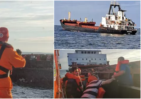 Video cu salvarea marinarilor de pe nava la bordul căreia a avut loc o explozie, în largul portului Sulina