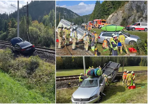 Un român în vacanță cu soția și copilul de un an a ajuns cu BMW-ul pe calea ferată. A depășit într-o curbă și a răsturnat o rulotă, în Austria