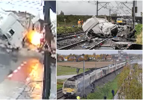 Momentul în care un camion este spulberat de un tren care s-a oprit după 350 de metri, în Belgia: „Arăta ca după bombardament”