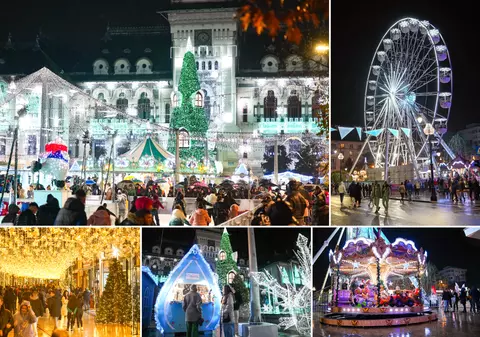 FOTO. Târgul de Crăciun de la Craiova și-a deschis porțile: o roată panoramică-gigant, patinoar, căsuțe cu produse tradiționale și două milioane de beculețe au transformat Bănia