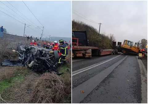 Un buldoexcavator de 25 de tone a căzut peste o mașină în care se aflau două tinere, pe DN7. Una a murit, cealaltă a fost grav rănită | FOTO