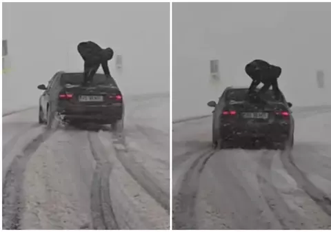 Imagini virale din Vaslui: un șofer fără cauciucuri de iarnă și-a urcat un prieten pe mașină, pentru „aderență”. Reacția Poliției - VIDEO