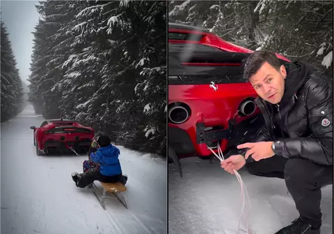 Milionarul Bogdan Căpușan s-a filmat în timp ce trage cu Ferrari-ul o sanie cu copii. „Mai sunt și alți voluntari?” | VIDEO