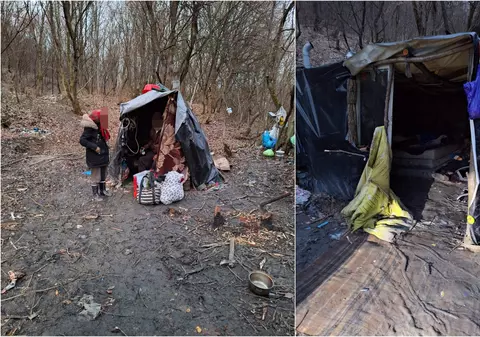 Opt oameni fără adăpost, găsiți în corturi din pături și celofan, într-o pădure din Bistrița. Printre ei, o fetiță de 2 ani și un băiat de 6 ani