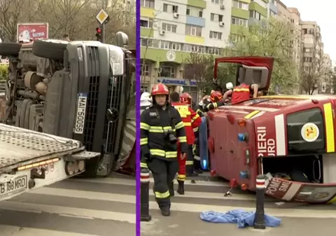 Accident grav în Bucureşti: o ambulanţă SMURD aflată în misiune s-a răsturnat după ce a fost lovită de o mașină