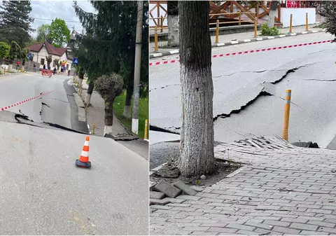 Imagini din orașul Slănic, unde o stradă s-a surpat pe o suprafaţă mare