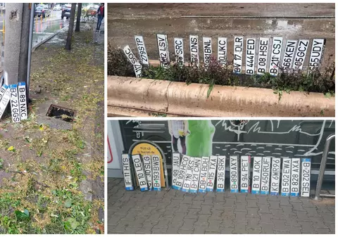 Sute de plăcuțe de înmatriculare pierdute în București, în timpul furtunii de joi seară. FOTO