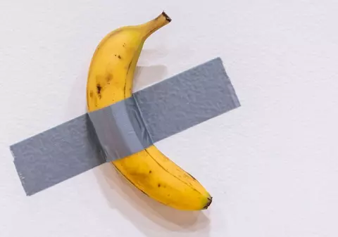 O banană lipită cu bandă adezivă de un perete alb, o instalație a artistului Maurizio Cattelan, a fost vândută la licitație pentru 6,2 milioane de dolari
