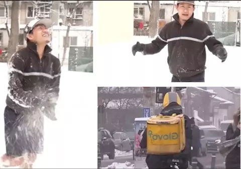 Livrator nepalez în pantaloni scurți, în ninsoarea din București: „E prima dată când văd zăpadă și îmi place. Vreau să mă joc”