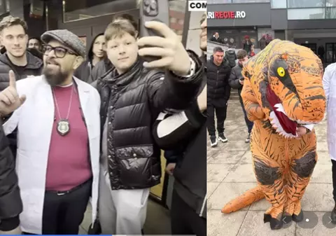 Piedone, în control la Cantina R3 din Regie. Directorul ANPC a fost primit cu urale de studenți și aplaudat de un om în costum de dinozaur