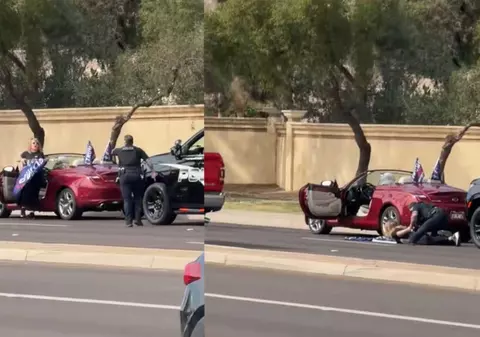 O româncă, susținătoare a lui Donald Trump, a fost pusă la pământ de polițiști când a fluturat din decapotabilă un steag cu președintele Americii