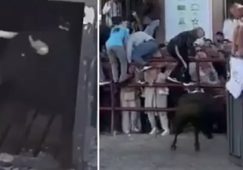 Momentul în care un taur furios trece prin barieră și lovește mulțimea, inclusiv copii, la un festival de Paște în Spania I VIDEO