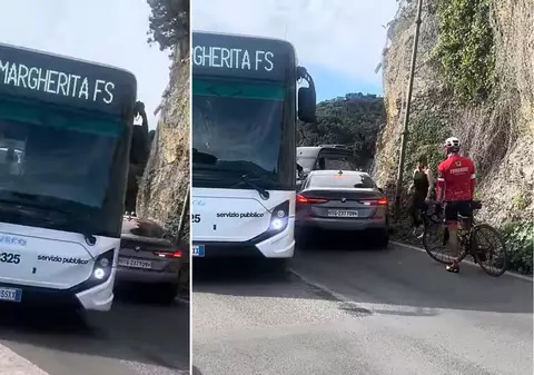 Un BMW rămâne blocat pe un drum îngust în Portofino. Momentul stânjenitor a devenit viral I VIDEO