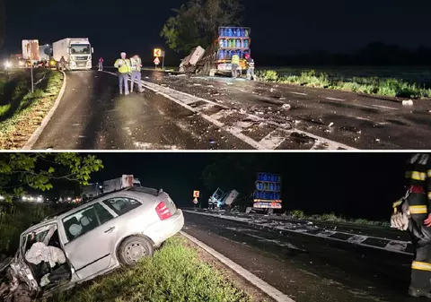Un camion cu butelii și o mașină s-au lovit în plin, la ieșirea din Tecuci, județul Galați. Două persoane au fost rănite