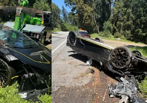Și-a făcut praf limuzina Lamborghini de 300.000 de euro, după ce a derapat și aterizat pe plafon, în SUA: „Autostrada 9 nu este o pistă de curse”