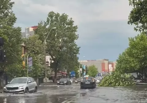Cum a arătat Bucureștiul după furtuna de o oră de luni după-amiază: linii de tramvai și bulevarde inundate, mașini care circulă prin apă și copaci căzuți în zonele rezidențiale