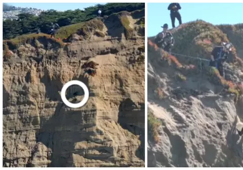 Momentul în care un câine este salvat după ce a căzut de la înălțime și a rămas blocat pe o stâncă abruptă | VIDEO