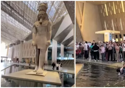 Turiști neatenți cad în bazinul din jurul statuii lui Ramses al II-lea la Marele Muzeu Egiptean | VIDEO