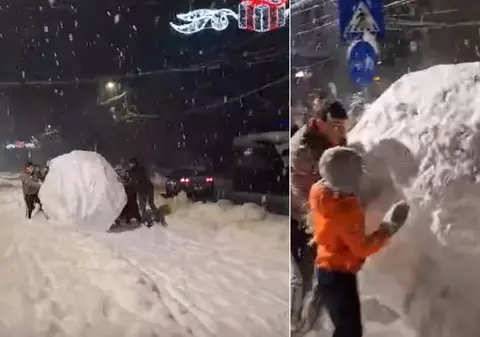 „Cel mai mare bulgăre de zăpadă” din România a scos un oraș întreg în stradă: „Era să-l scăpăm în drum de două ori” | VIDEO