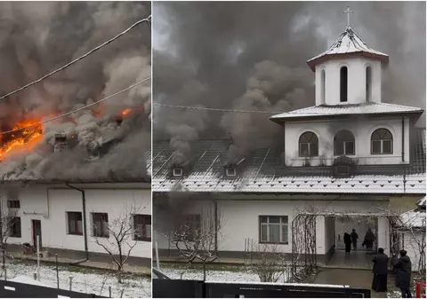 Incendiu puternic izbucnit la o mănăstire din Gorj. Pompierii intervin de urgență pentru stingerea focului