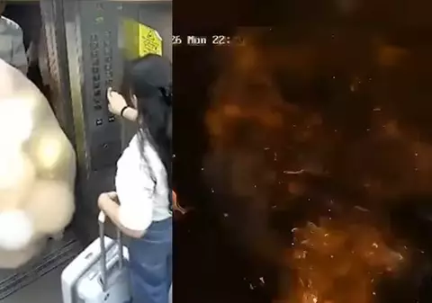 Momentul în care o duzină de baloane cu hidrogen au explodat și au luat foc într-un lift. O femeie a fost rănită