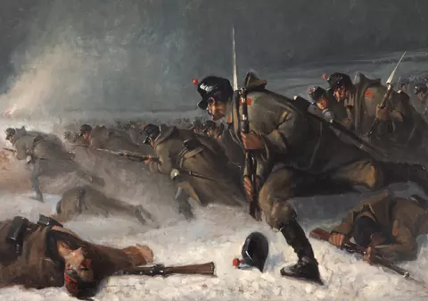 O replică a picturii „Atacul de la Smârdan” de Nicolae Grigorescu, vândută la licitație. A fost reprodusă de Emilian Lăzărescu