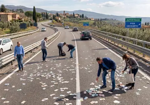 Sute de bancnote de 5 de euro au zburat dintr-un camion, iar alți șoferi au oprit și au luat banii împrăștiați pe șosea, în Italia