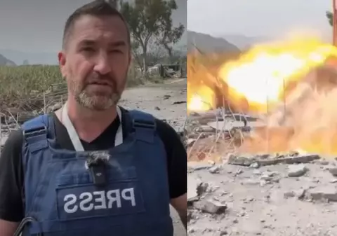 Momentul în care un reporter și un cameraman al unei televiziuni din Rusia au fost surprinși de un atac israelian în sudul Libanului