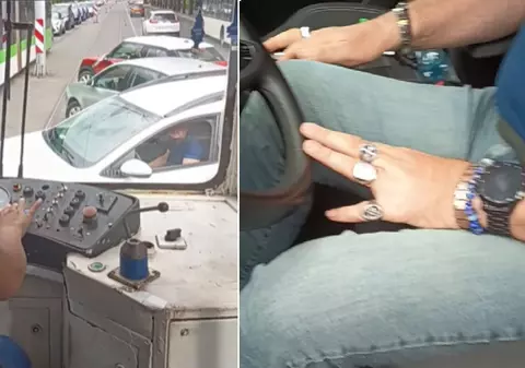 O femeie care mergea cu tramvaiul a coborât și a făcut ordine printre șoferii care blocau linia, în București: „Dați-vă să trecem și noi”