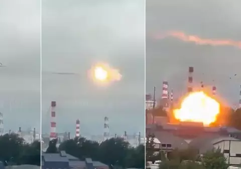 Video cu o dronă doborâtă de ruși cu o rachetă, care explodează într-o rafinărie Gazprom la numai 15 kilometri de Kremlin