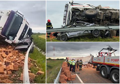 Un TIR încărcat cu cărămizi s-a răsturnat peste o mașină și a strivit-o, pe Centura Timișoarei. Unul dintre șoferi a murit pe loc