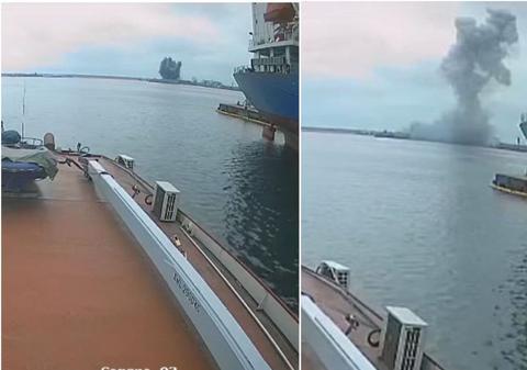 Momentul exploziei dronei maritime în Portul Constanța, filmat de pe o navă
