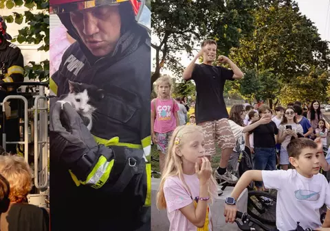 Vestea bună dintr-o zi grea pentru Constanța: pompierii au salvat un pisoi cățărător neidentificat dintr-un stejar, în aplauzele a sute de copii FOTO VIDEO