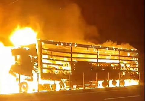 Un TIR încărcat cu bomboane a ars ca o torță la Daia, pe DN 5