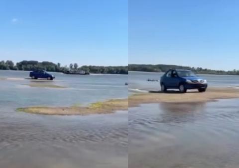 Un șofer a condus un Logan prin Dunărea secată: „E o Dacie de pe vremea lui Decebal" I VIDEO