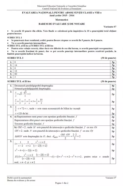 evaluare nationala 2016 barem matematica 1