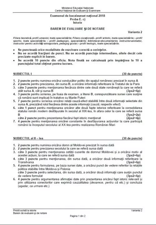 Barem istorie BAC 2018.  baremul de notare și evaluare pentru proba de istorie de la Bacalaureat 2018