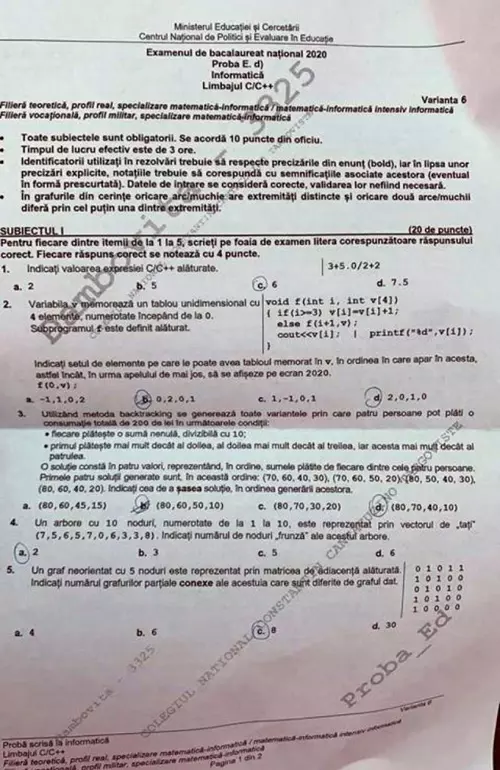 Subiecte BAC Informatică 2020